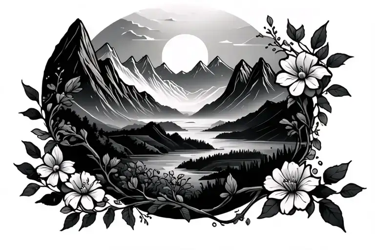 Mountains Landscape Tattoo Featuring A Flower Vine Wrapping Around Forearm