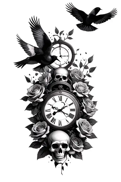 Birds Flying Out Of A Broken Clock Surrounded By Roses And Skulls