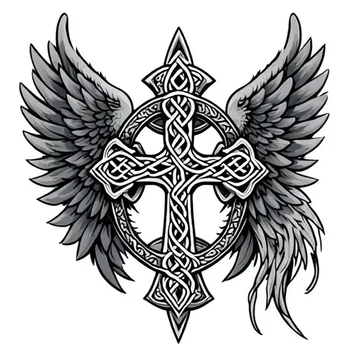 Celtic Cross With Demon Wing Being Left Wing And Angel Wing Being Right Wing