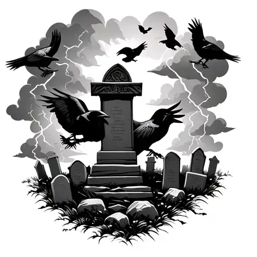 Storm Clouds And Lighting Surrounding A Graveyard With Crows