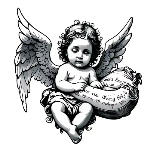 Baby Angel Holding Ribbion With Cursive Writing
