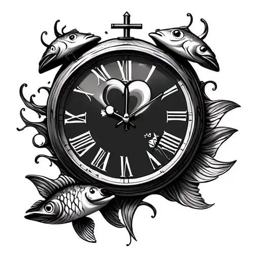 Clock With Heart And Fish