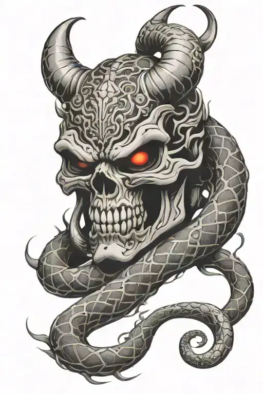 Oni Mask Skull Neo Traditional Snake