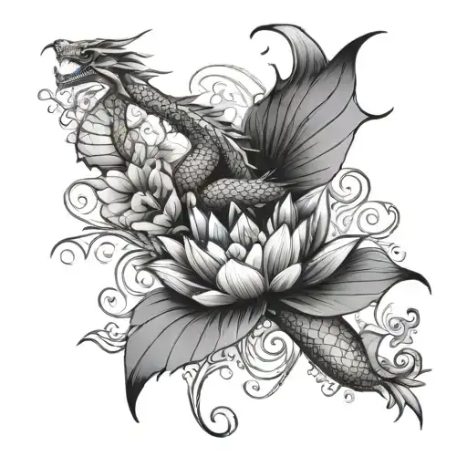 Lotus Flower And Dragon Flying
