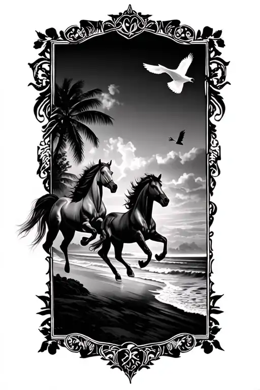 Running Horses And Flying Birds On A Beach Scene