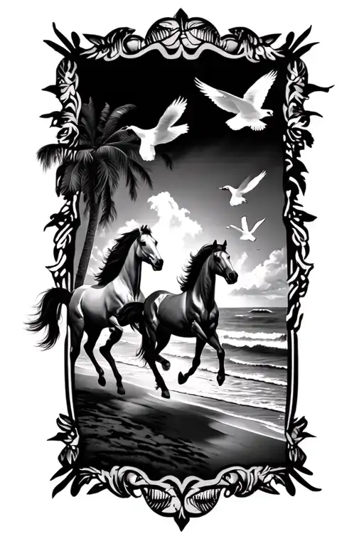 Running Horses And Flying Birds On A Beach Scene