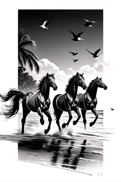 Running Horses And Flying Birds On A Beach Scene