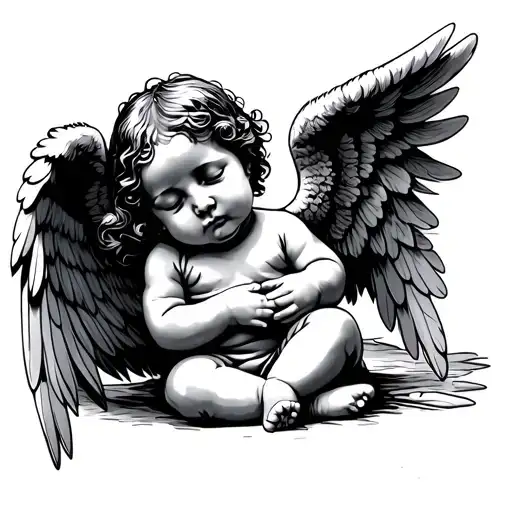 A Full Body Baby Angel With Wings Eye Closed Curled Up With Arms Down