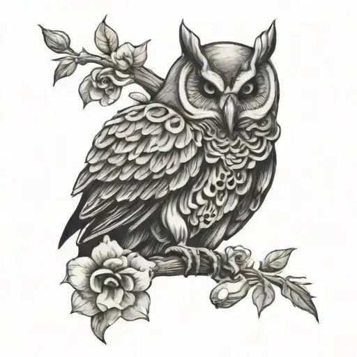 Owl Skull Flowers Intertwined