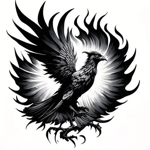 Minimal Black And White Aggressive Fire Phoenix And Small Dandelion In It For