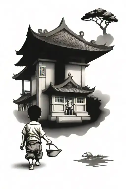 Japanese Temple With Child Walking