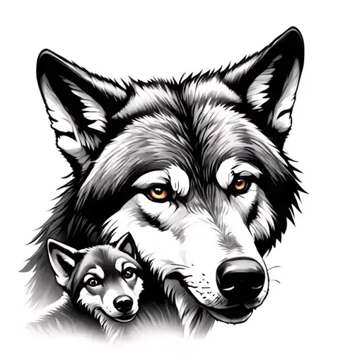 Wolf And Two Wolf Pups