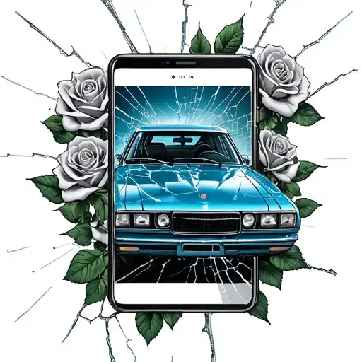 Roses Wrapped Around A Cracked Phone Screen With A Fractured Blue Car