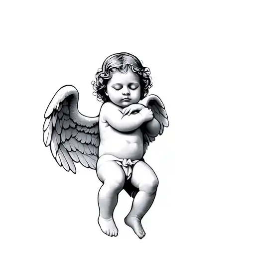 Full Body Baby Angel With Wings Curled Up Arms To Its Side Eyes Closed