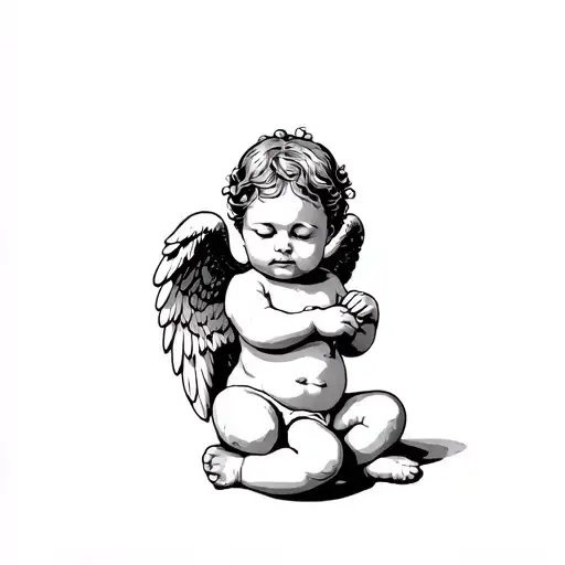 Full Body Baby Angel With Wings Curled Up Arms To Its Side Eyes Closed Leaning Forward Slightly