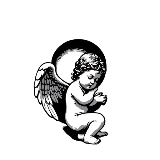 Full Body Baby Angel With Wings Curled Up Arms To Its Side Eyes Closed Leaning Forward