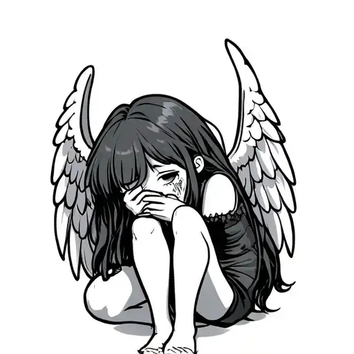 Cartoon Girl With Wings On Bended Knees Crying And Covering Her Face