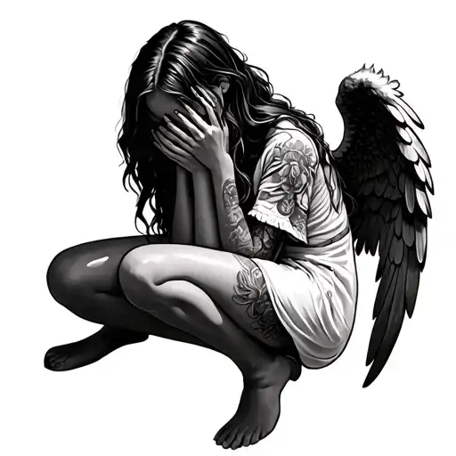Girl With Wings On Bended Knees Crying And Covering Her Face