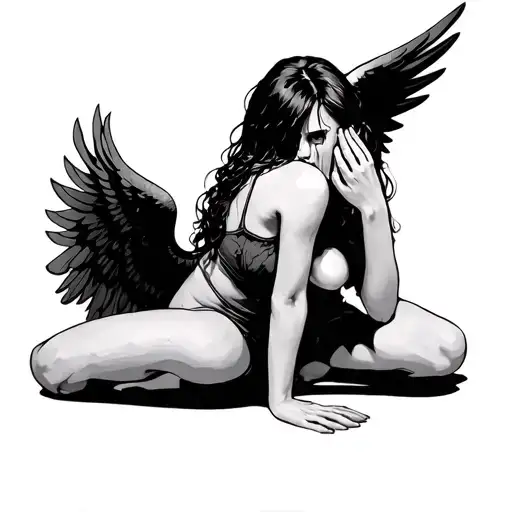 Girl With Wings Kneeling Crying And Covering Her Face