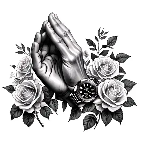 Praying Hands With Rolex Watch And Roses Growing