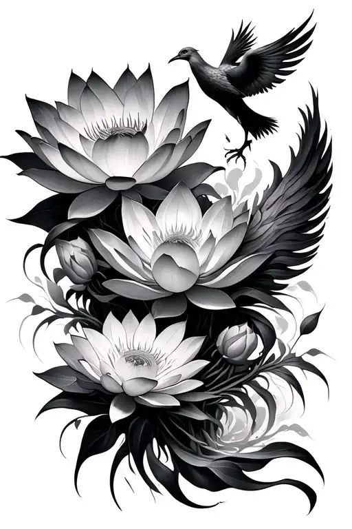 Multiple Lotus Flowers Of Different Sizes Intertwined With A Phoenix Emerging