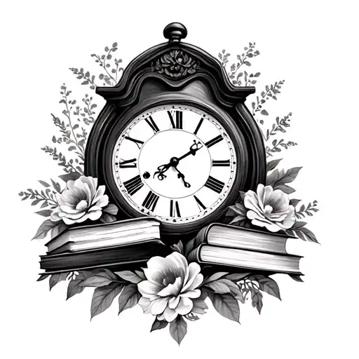Grandfather Clock With Library Books Surrounded By Florals