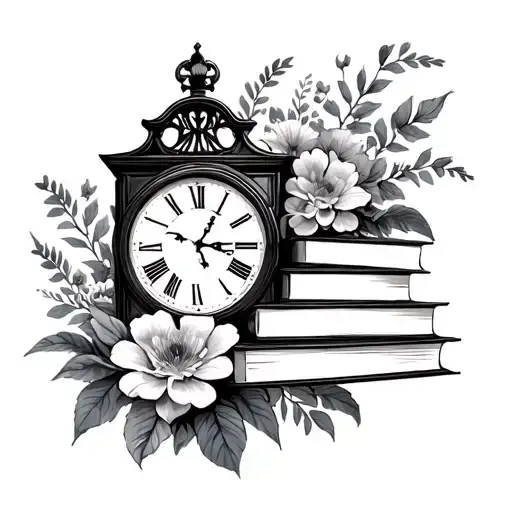 Grandfather Clock With Library Books Surrounded By Florals