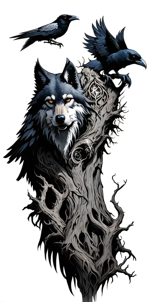 Odin Plus Ravens Plus Wolve Plus Ygg Drasil Tree Surrounded