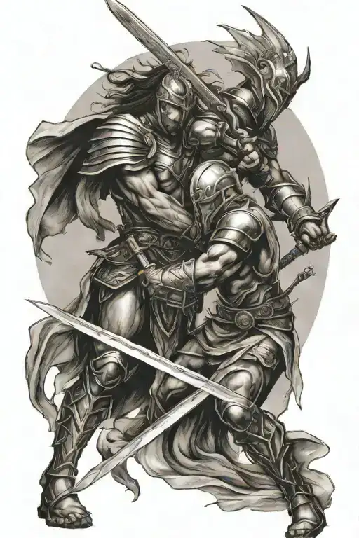 Angelic Warrior Swordfighting Another Warrior In An Arena