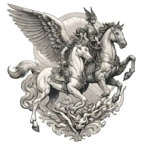 Perseus And Andromoda Walking Next To Pegasus Flying