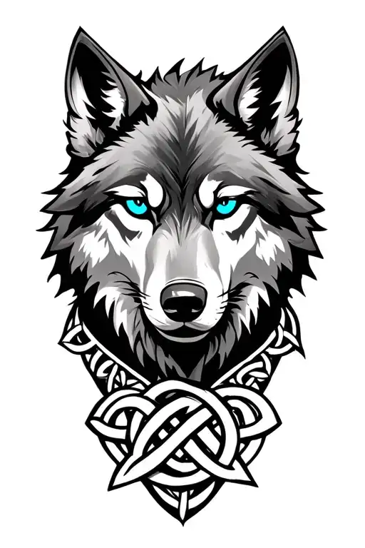 Wolf With Blue Eyes On Armor Tattoo Design Featuring Celtic Trinity Knot