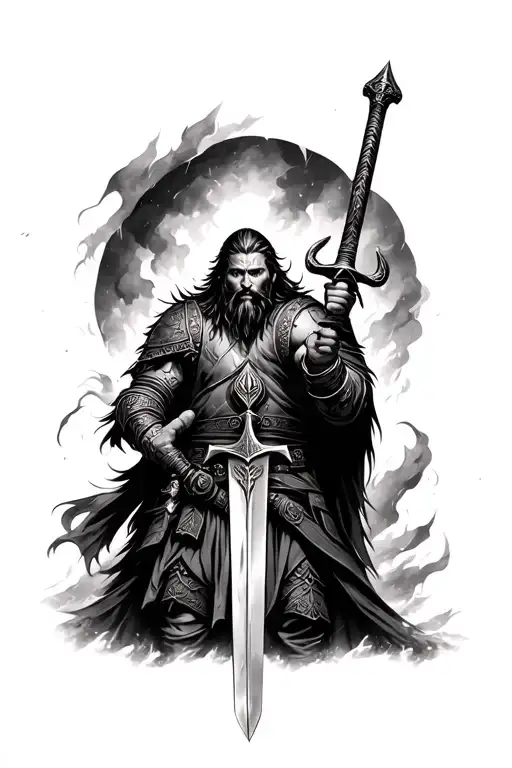 Nordic Viking Warrior Wielding His Sword Amidst Dark Storm With Soul Less Eyes