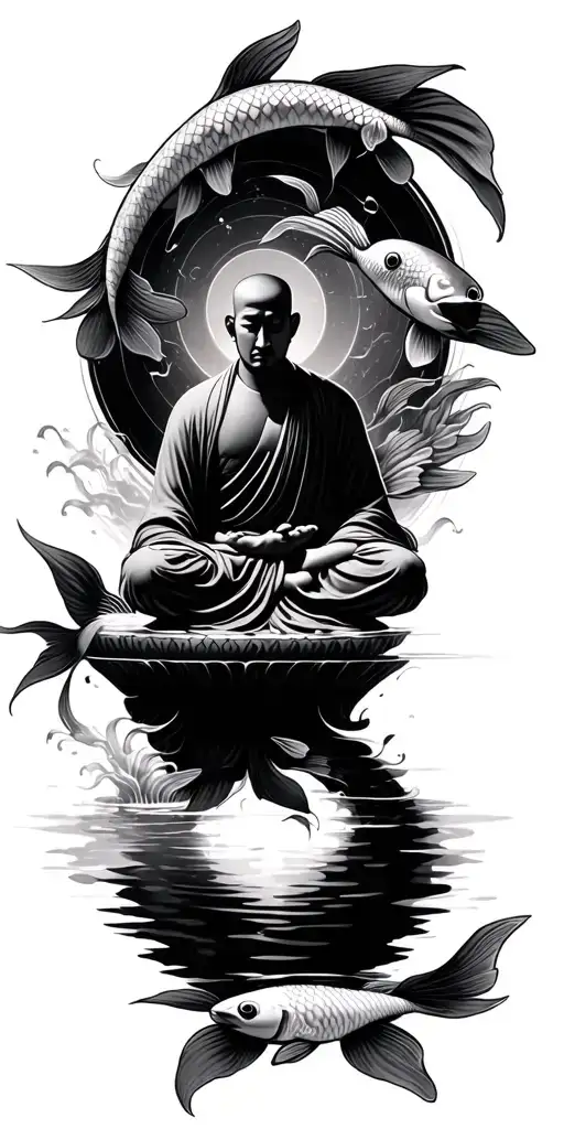 Poseiden Circled By Two Koi Fish With Meditating Monk Surrounded By Libar Scale