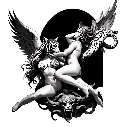 Angel Defeating Satan With Beautiful Woman In Tiger Helmet On Top
