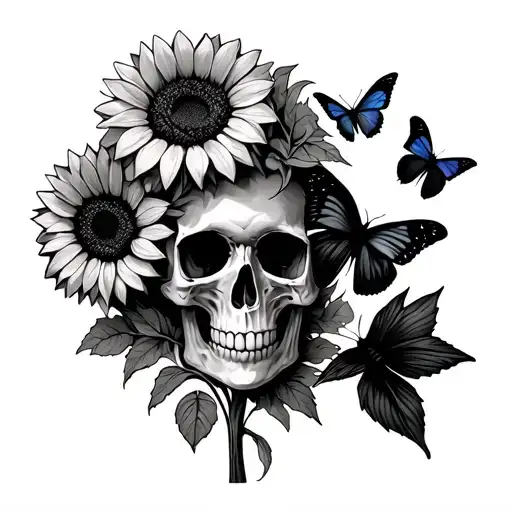 Skull And Sunflowers And Butterflies Flying