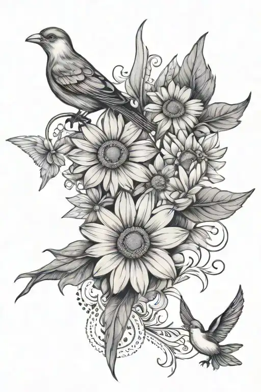 Daisy Flower Intertwined With Narcissist Flower Alongside Two Birds