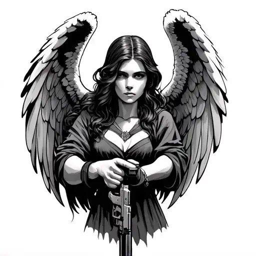 Angel Holding Handgun With Extended Mag
