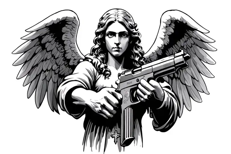 Angel Holding Handgun With Extended Mag And Other Hand A Cross