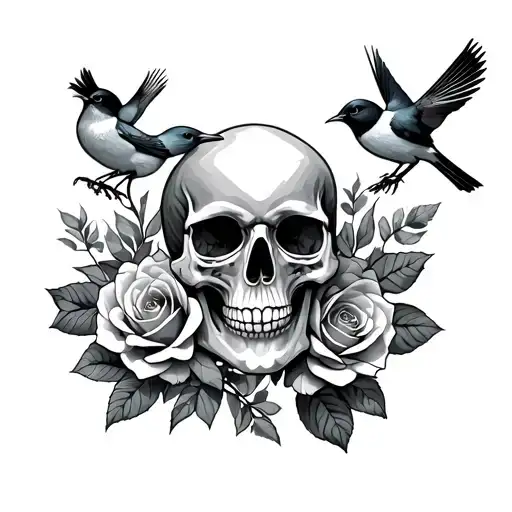 Skull Roses Birds Sitting