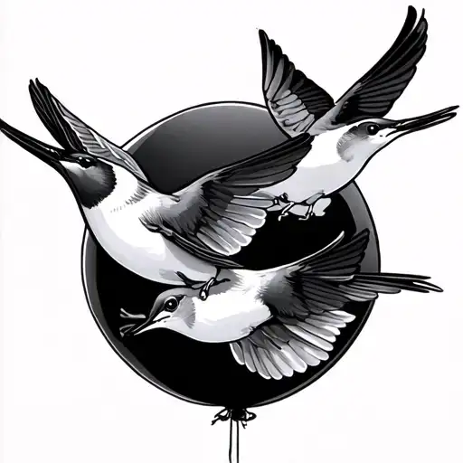 Two Swallows Flying With A Balloon