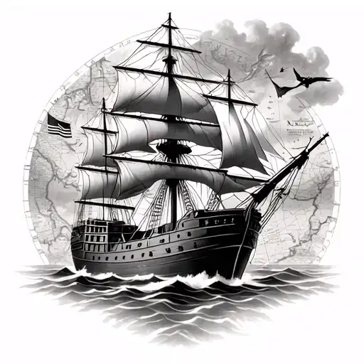 Create A Tattoo Design Inspired By 'To Kill A Mockingbird' Featuring A Clipper Ship And Old Maps