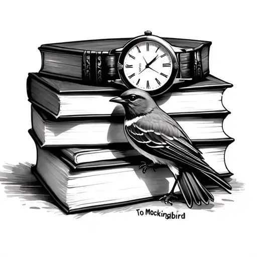 A Stack Of Books Inspired By 'To Kill A Mockingbird' With Watch Face And Mockingbird