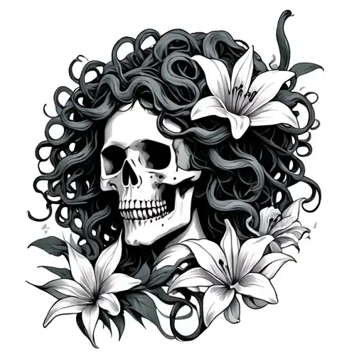 Medusa Head Surrounded By Lilies And Skull Wearing