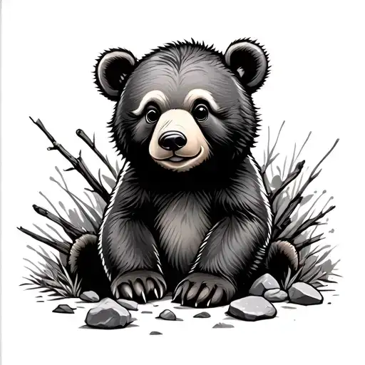 Baby Bear Sitting Next To A Pile Of Sticks And Rocks