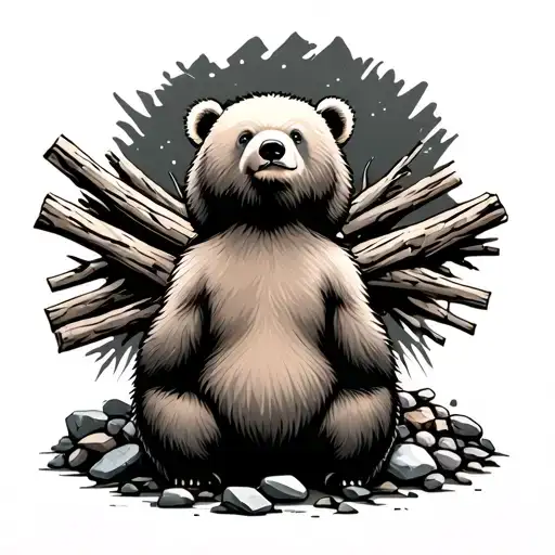 The Back Of Baby Bear Sitting Next To A Pile Of Sticks And Rocks