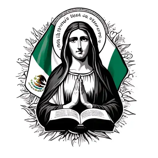 Virgin Mary Praying With Mexican Flag And Bible Verse