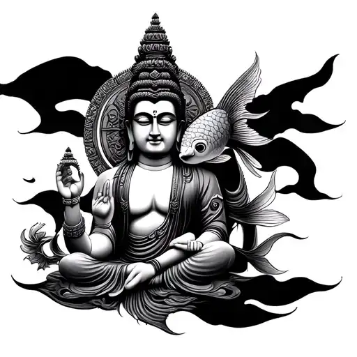 Lord Karishna With Buddha And A Koi Fish Transforming