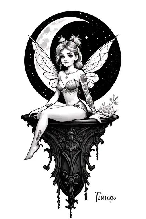 Gothic Tinkerbell Sitting On A Moon With Tattoos Inspired