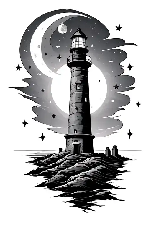 Lighthouse With Shining Moon Surrounded By Stars