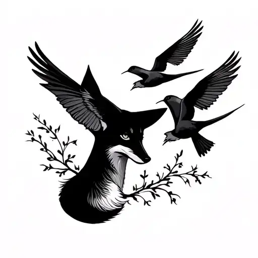 The Silhouette Of A Fox Looks At Soared Swallows
